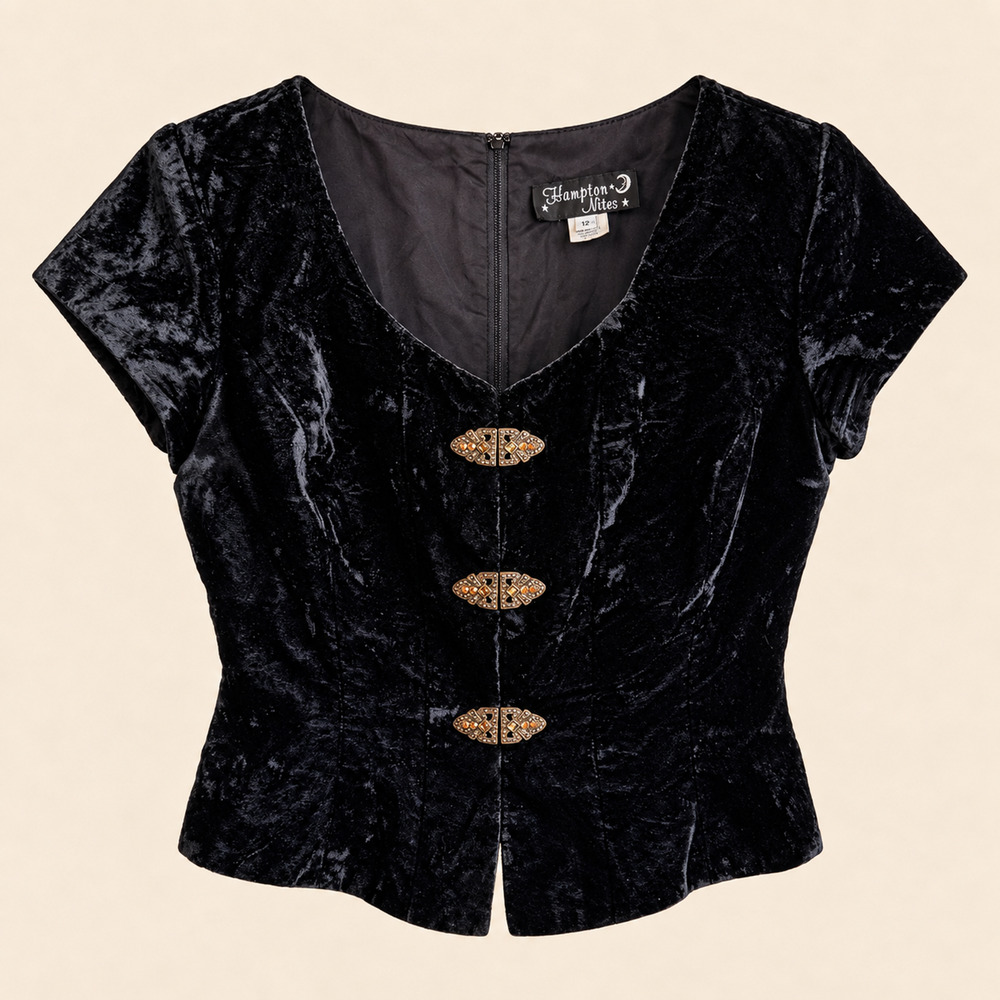 Vintage 90s Hampton Nites Black Crushed Velvet Rhinestone Peplum Top Size 12